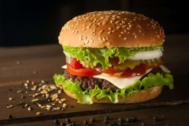Photo by Ilya Mashkov 1 meat and cheese burger surrounded by sesame seeds
